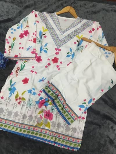 women's swiss lawn Printed Shirt And Trouser set white medium