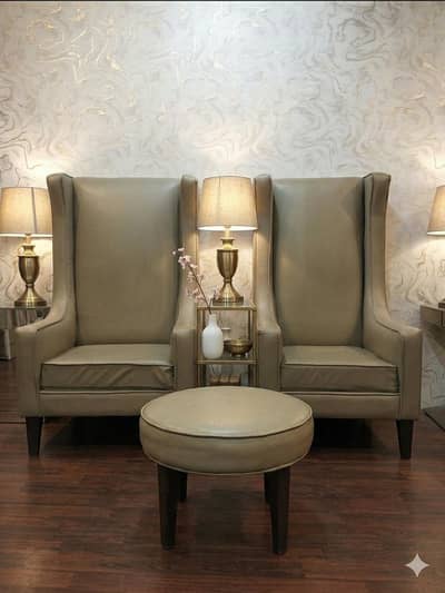 2 High-Back Sofa Chairs with Round Stool for Sale