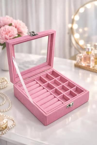 Pink Velvet Jewelry Box with Mirror for Women