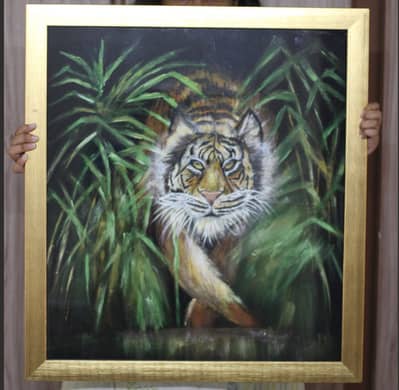 Tiger in Jungle Acrylic Painting on Velvet Glass Framed 24x27 inches