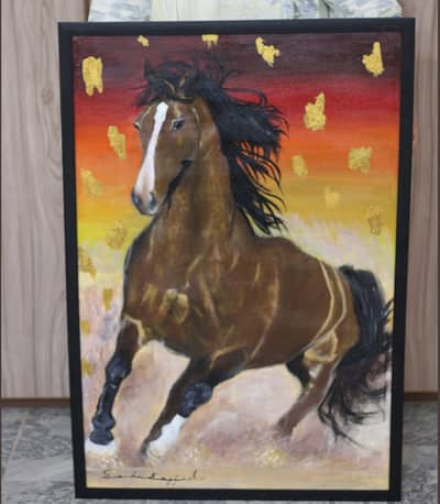 Wild Horse Acrylic Painting. 25.5x37.5 inch Framed with Hanging Hooks
