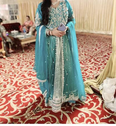 Open shirt full length maxi with lehnga, kora and dabka work