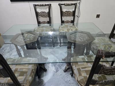 Premium Chinioti 6 Seater Dining Table – Wood Base with Glass top