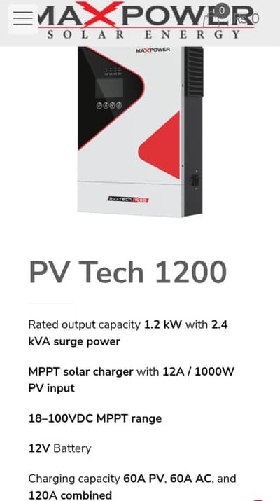 Max Power Pure Sine Wave Solar Inverter Brand New PV Tech 1200