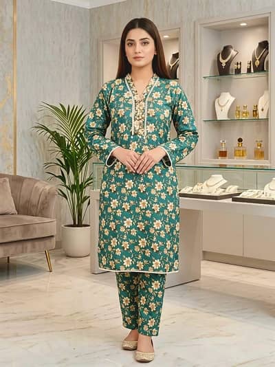 2 Pcs Women's Stitched Cotton Lawn Hand Work Shirt And Trouser.