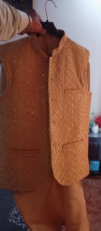 3 piece Mehndi soot (Golden colour) + 1 piece wasecoat (Black colour)