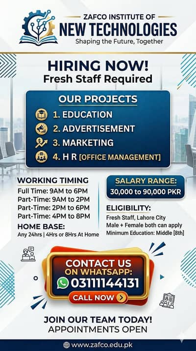 Fresh Staff Required in Lahore for  Male+Female