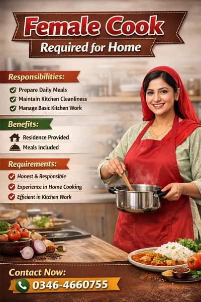 Female Cook Required for Home | Cook Jobs | Female Jobs