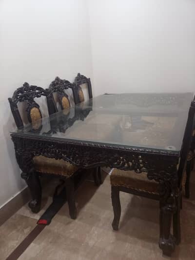Pure sehsham wood with glass wood dining table with 6 chairs