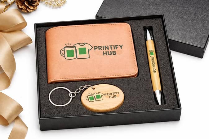 Personalized 3-Piece Gift Set – Custom Leather Wallet, Wooden Keychain & Bamboo Pen with Logo | Premium Gift Box Set for Men