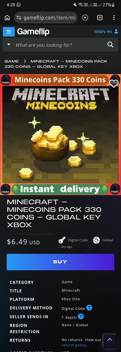 Minecraft 330 coins available for sell