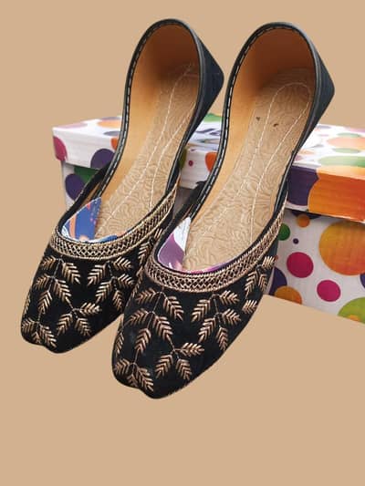 Black Velvet Khussa with Gold Thread Work free delivery