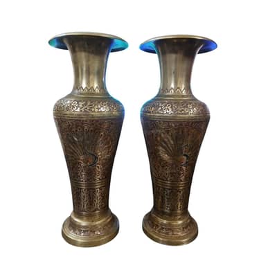 Antique Vase Set Brass Handcrafted  Peacock Design 150 years