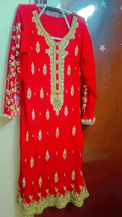 Fancy sheesha work dress in Rosy red color