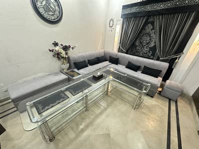 L shape sofa + steel l shape table
