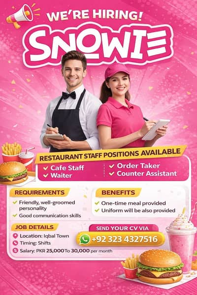 Waiter / Order Taker / Counter Assistant / Barsita / Restaurant Job