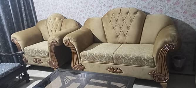 wooden bed set , sofa set , center table with 2 side tables