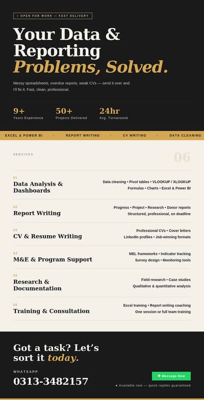 Data Analysis, Report Writing & CV Expert — Available Now