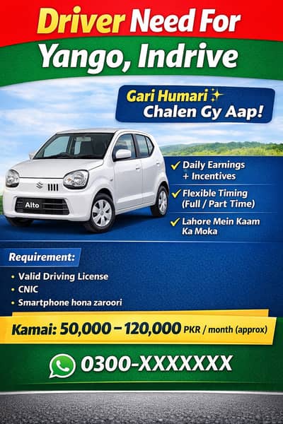 Yango Driver, Indriver Driver, Driver job in Lahore, 70K Plus Salary