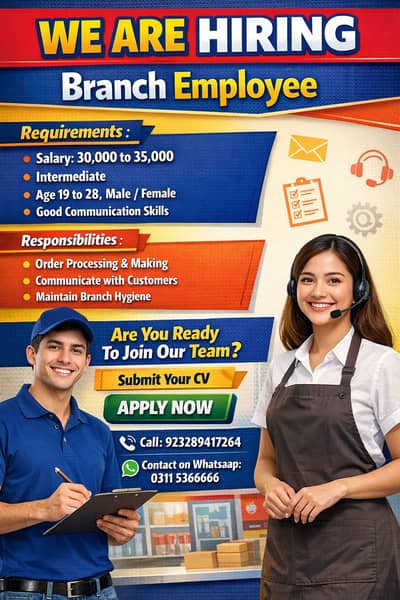 Branch Employee Job (Male/Female) | Salary 30k–35k | Fresh & Experien