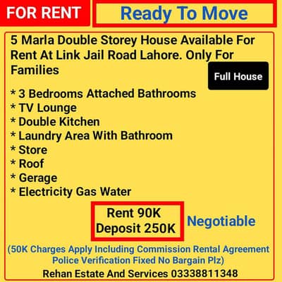5 Marla Double Storey House For Rent At Link Jail Road Lahore.