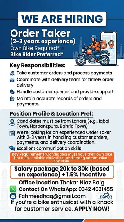Hiring Order Taker / Bike Rider – 2-3 Years Experience | Lahore