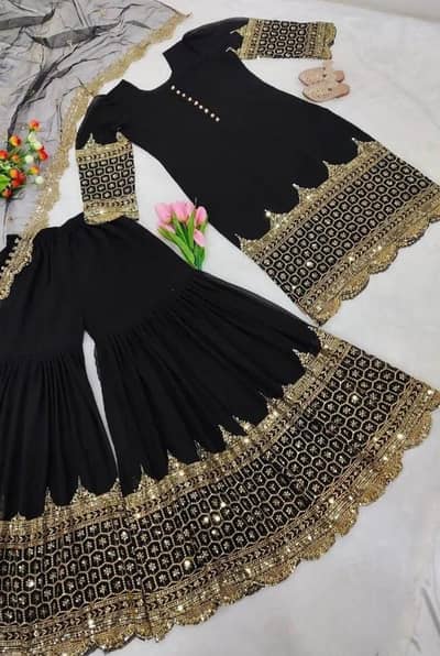 Fancy Black Embroidered Shamoz Silk 3-Piece Sharara Suit