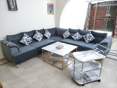 L shape 7 seater Sofa with Coffee table and food serving Trolley