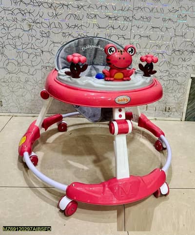 Red portable baby walker with musical frog toy