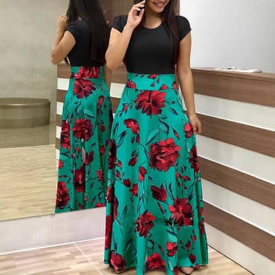 Product name. WomanFloral Maxi Dress Red White Premium fabrics