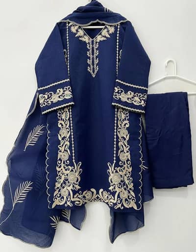 Blue Embroidered 3pcs Organza Woman suit with Dupatta