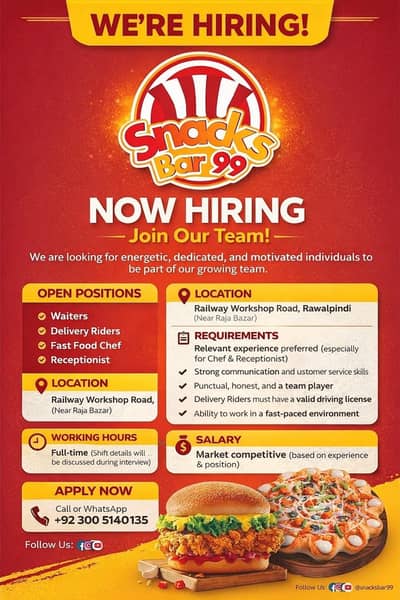waiters, riders,fast food chef's & receptionist