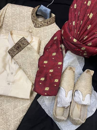 Elegant Cream Groom Sherwani | Complete 5-Piece Set