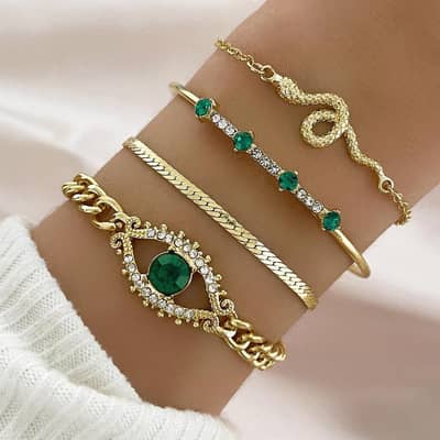 4 pcs Gold plated Charm hanging Bracelet Set  With Rhinestones