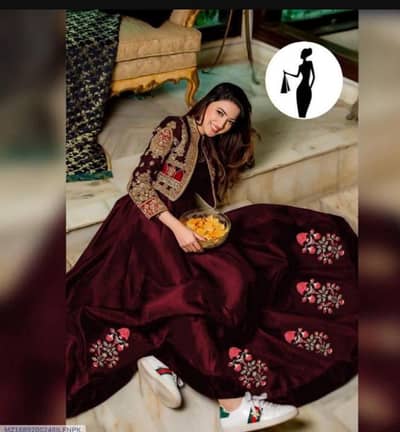 mahroon embroidered maxi suit