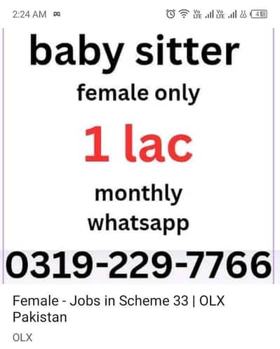 female babysitter chahiyai. salary 1 lac. Whatsapp O3OI-92-58--O55