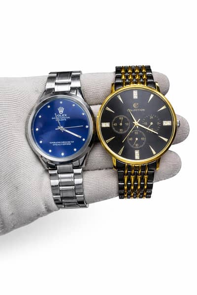 Blue dial Rolex and, black and golden watch offer.