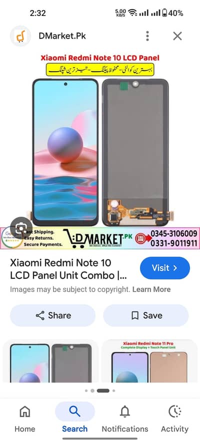 Redmi note10 panel original 03176279580