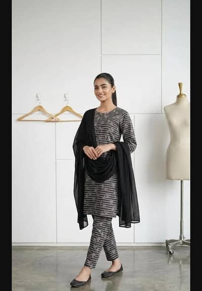 3 PCs woman's stiched llwan digital print suit  black special