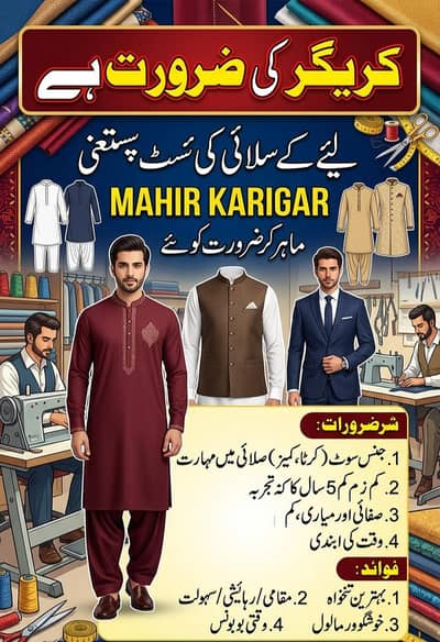 (NR tailor and designer) Gents suit k liya karigar ki zaroorat hy