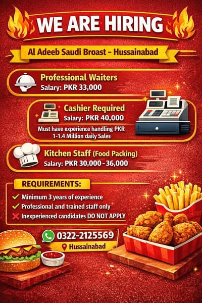 Al Adeeb Saudi Broast Hussainabad – Staff Required.