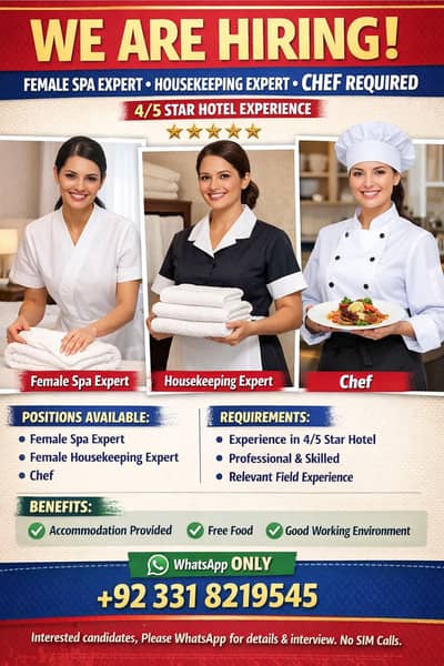 Female Spa Expert, Housekeeping Expert and Chef  Required |