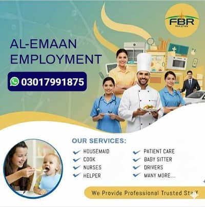 House Maid, Babysitter, Patient Care, Nursing Staff, Drivers, Cook