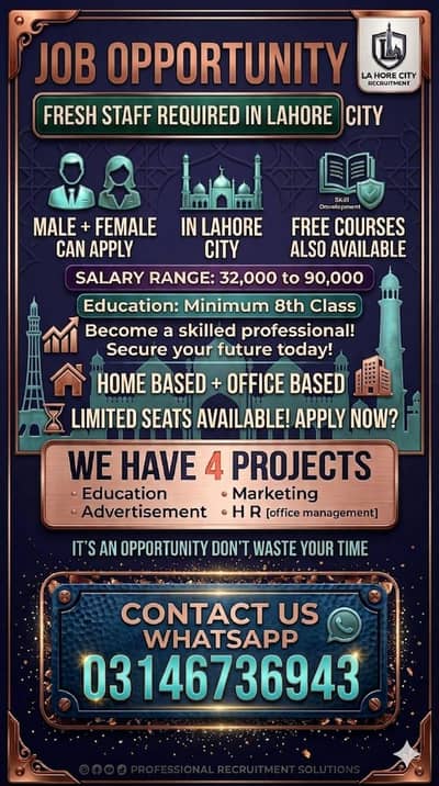fresh staff required in Lahore City male and female both can apply