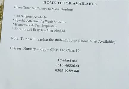 I am a female teacher for students from Nursery to Matric level