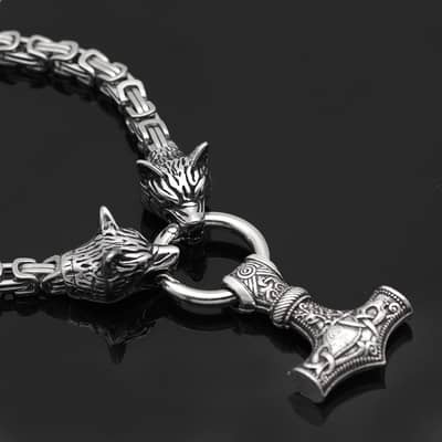 Men Viking Thor Hammer Wolf Necklace Stainless Steel