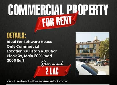 COMMERCIAL SPACE FOR RENT PRIME LOCATION Gulistan-e-Johar Block 3-A | Ideal for Software House, Clinic & More
