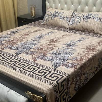 3 Pcs Crystal Cotton Printed Double Bedsheet