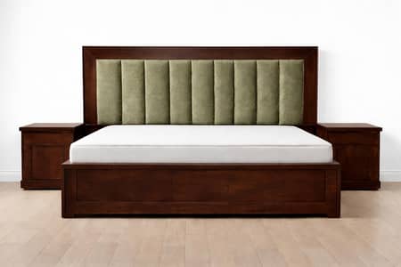 wooden bed with two side tables