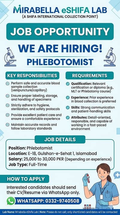 Phlebotomist Required in Islamabad – eShifa Lab (E-18 Gulshan-e-Sehat)